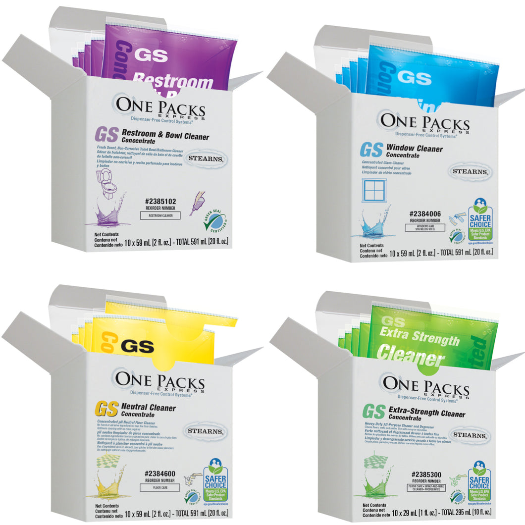 STEARNS Top 4 Refills: Extra Strength All-Purpose Cleaner / Restroom & Bowl Cleaner / Window Cleaner / Floor Cleaner (10 refills per box, receive 1 box of each)